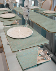 Mint Green Geometric Jacquard Dining Set – Table Runner, 6 Placemats & 6 Spoon Covers - The Idea