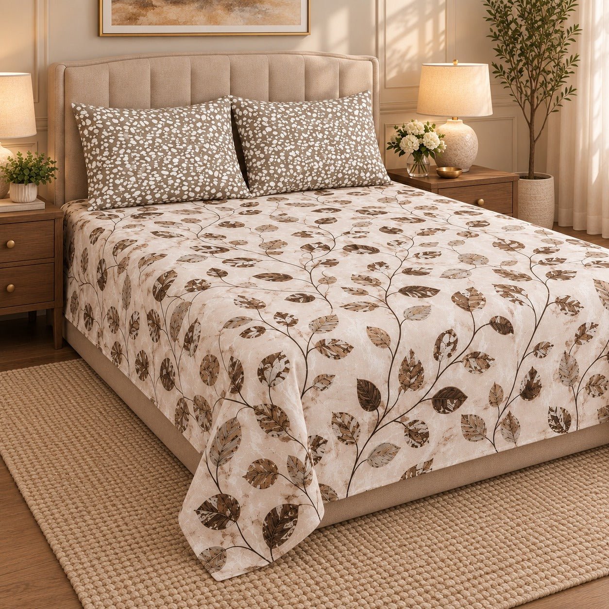 Mocha Leaf Marble Printed Cotton Double Bed Sheet with 2 Pillow Cases - The Idea