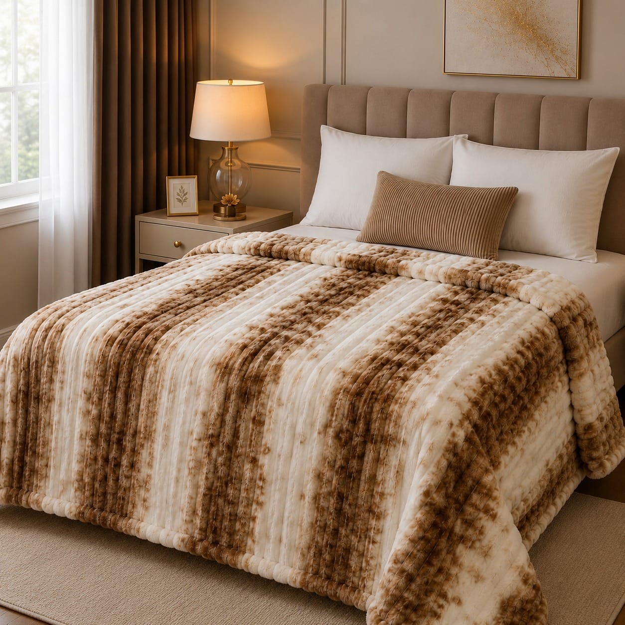 Luxury Mocha Ribbon Stripe Fleece Blanket Double Bed
