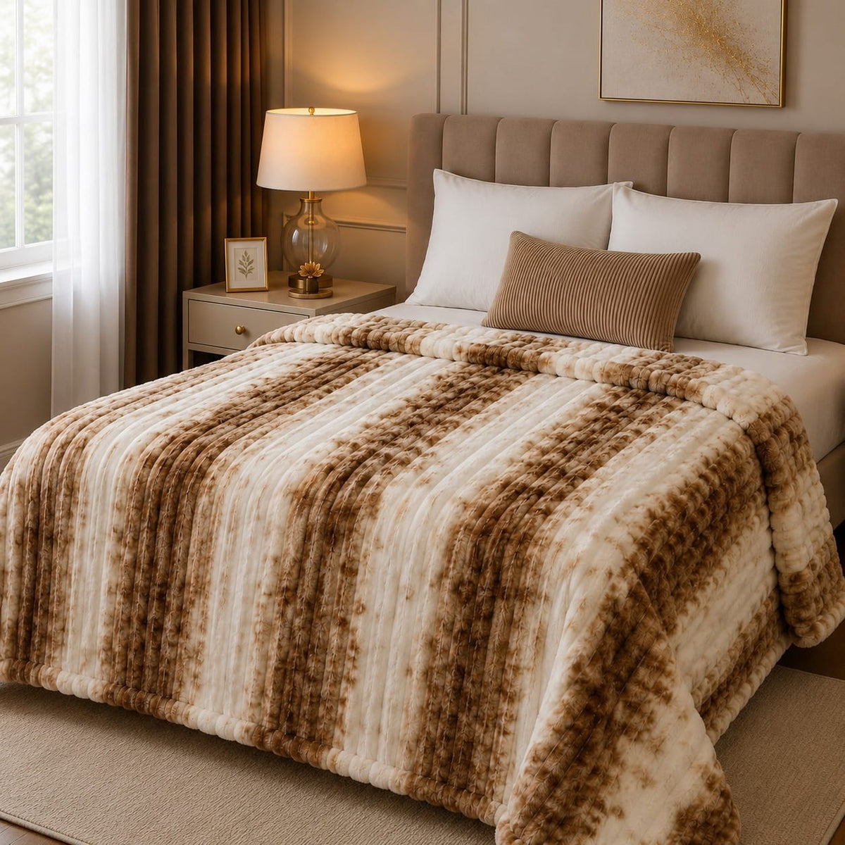 Luxury Mocha Ribbon Stripe Fleece Blanket Double Bed