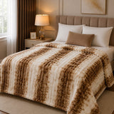 Luxury Mocha Ribbon Stripe Fleece Blanket Double Bed