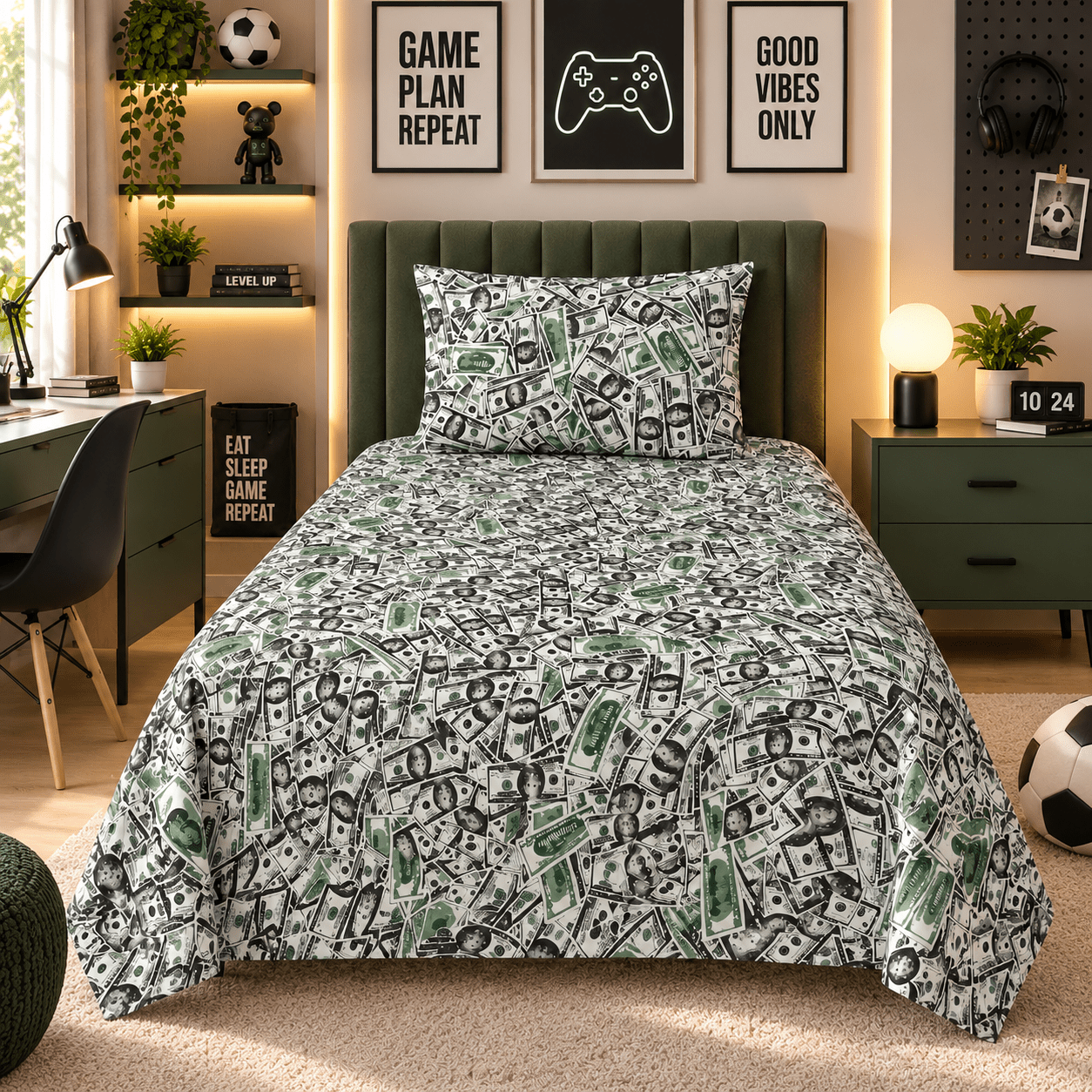 Money Dollar Print Kids Single Bed Sheet with Pillow Case - The Idea