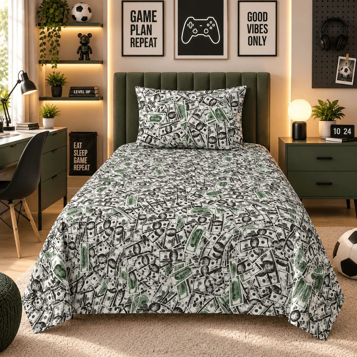 Money Dollar Print Kids Single Bed Sheet with Pillow Case - The Idea
