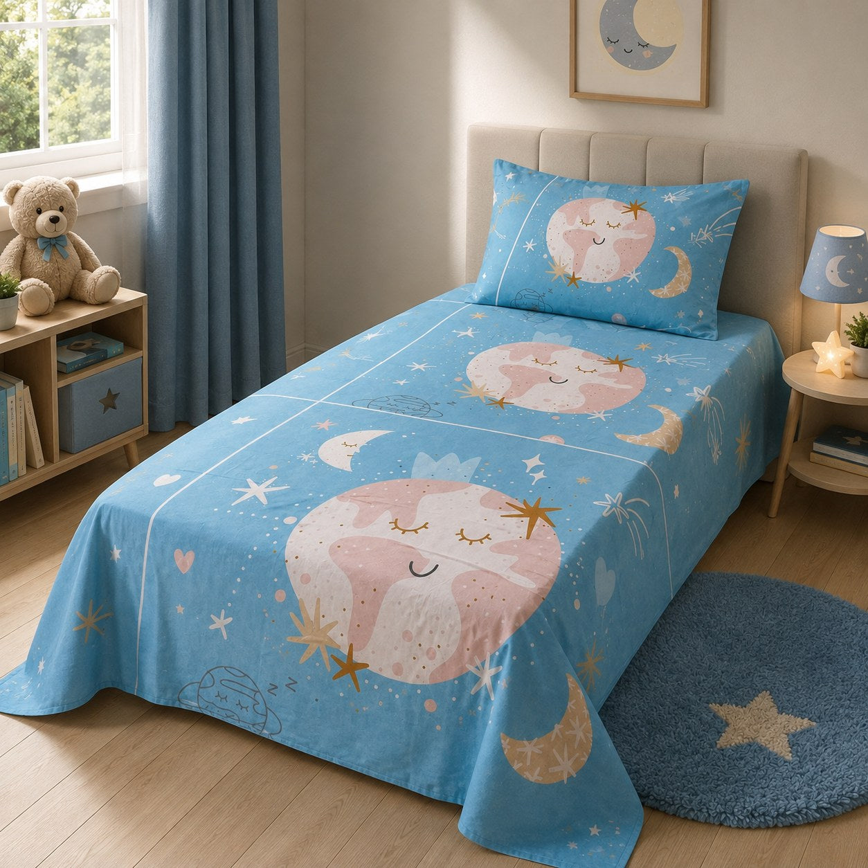 Blue moon stars kids single bedsheet 60x90 inches
