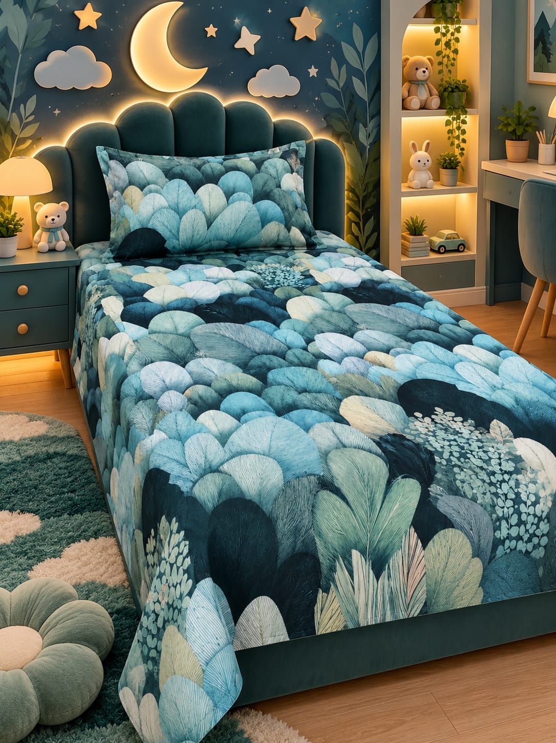 Moonlit Blue Forest Kids Single Bed Sheet with Pillow Case