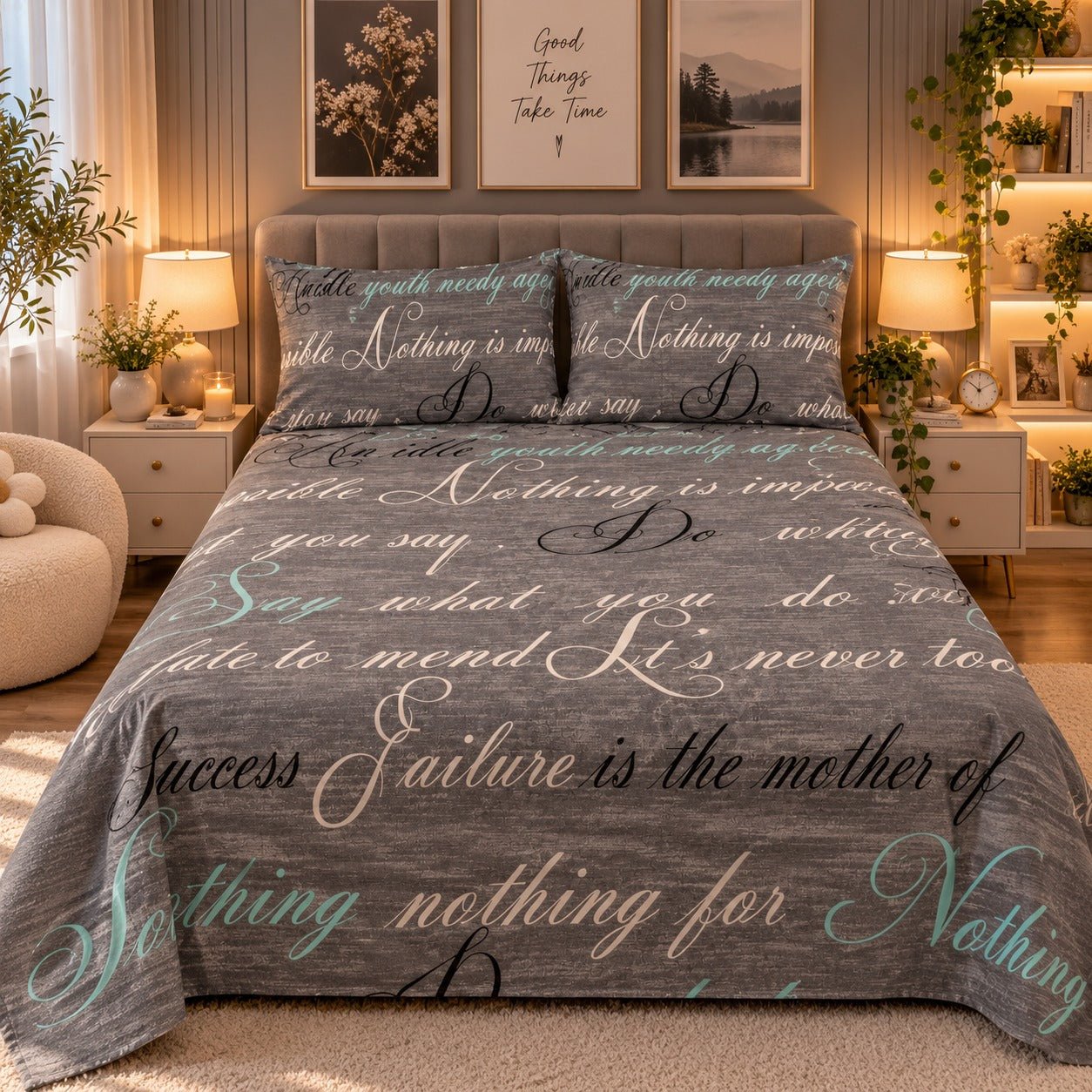 Motivational Typography Kids Double Bed Sheet with 2 Pillow Cases - The Idea