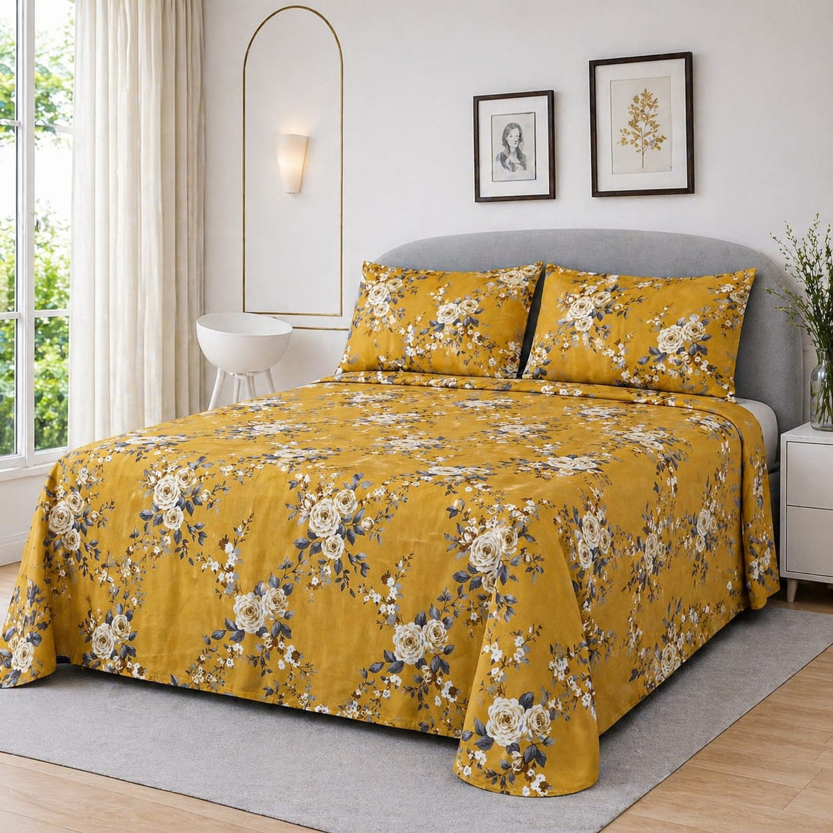 Mustard Gold Rose Floral Double Bed Sheet with 2 Pillow Cases