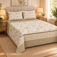 Mustard Rose Stripe Printed Cotton Double Bed Sheet with 2 Pillow Cases - The Idea