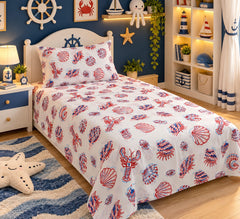 Nautical Sea Creatures Kids Single Bed Sheet with Pillow Case