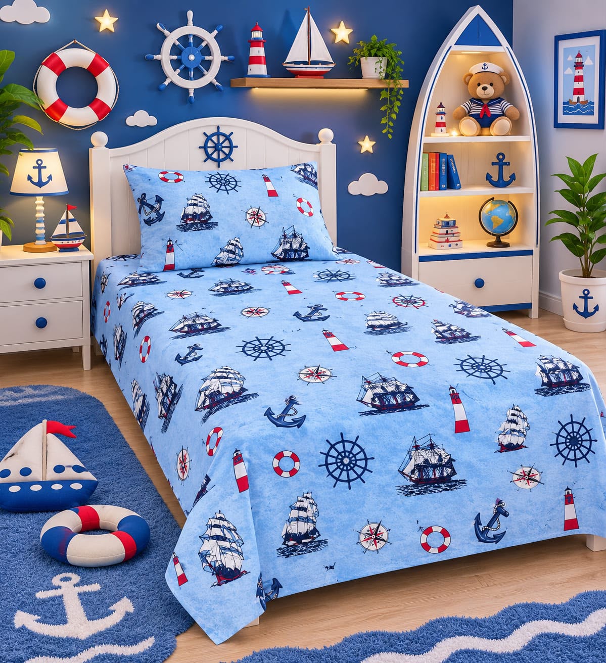 Nautical Ships & Anchors Kids Single Bed Sheet with Pillow Case - The Idea