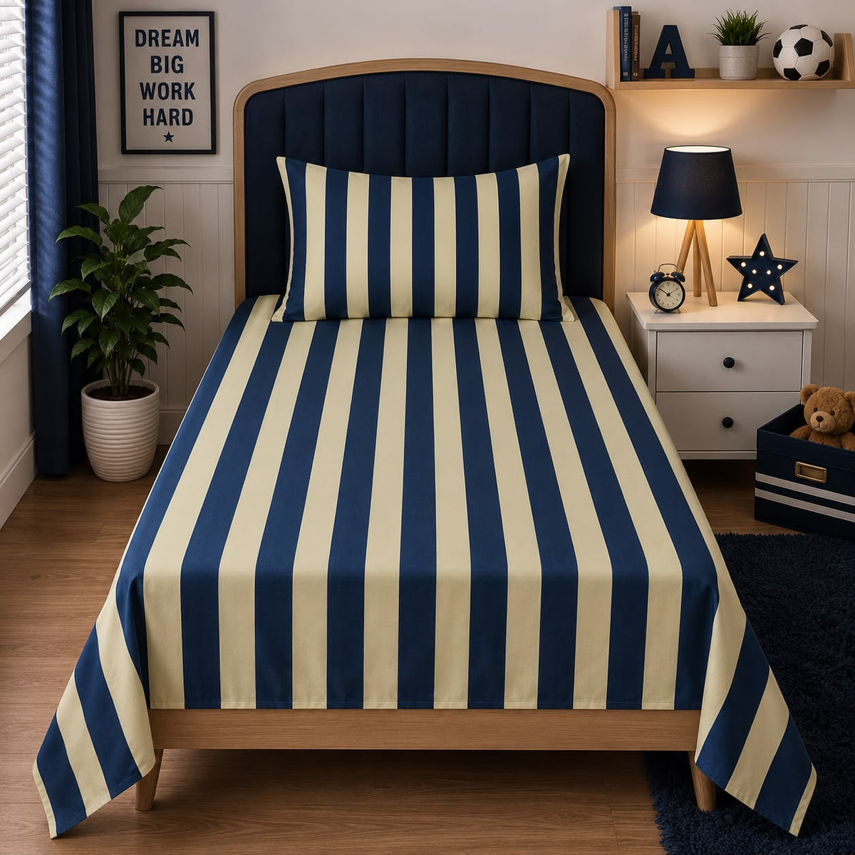 Navy and cream stripes single bed sheet with pillow case by Haris Collection