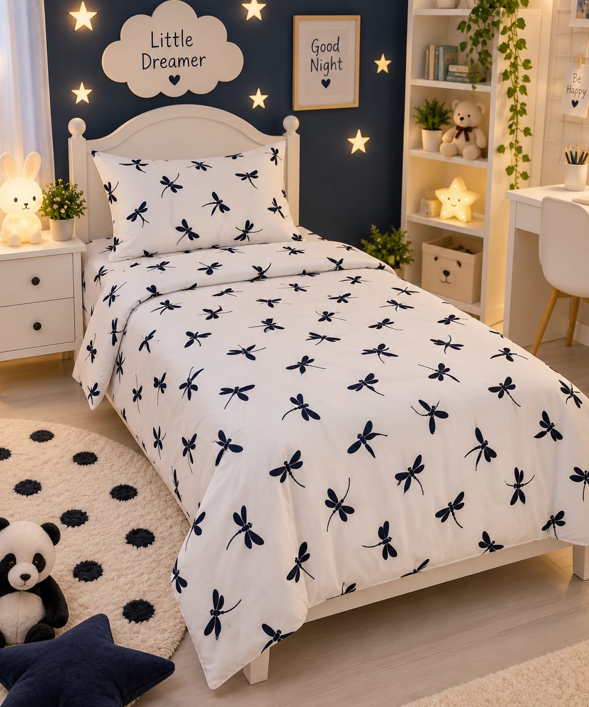 Navy Dragonflies Kids Single Bed Sheet with Pillow Case