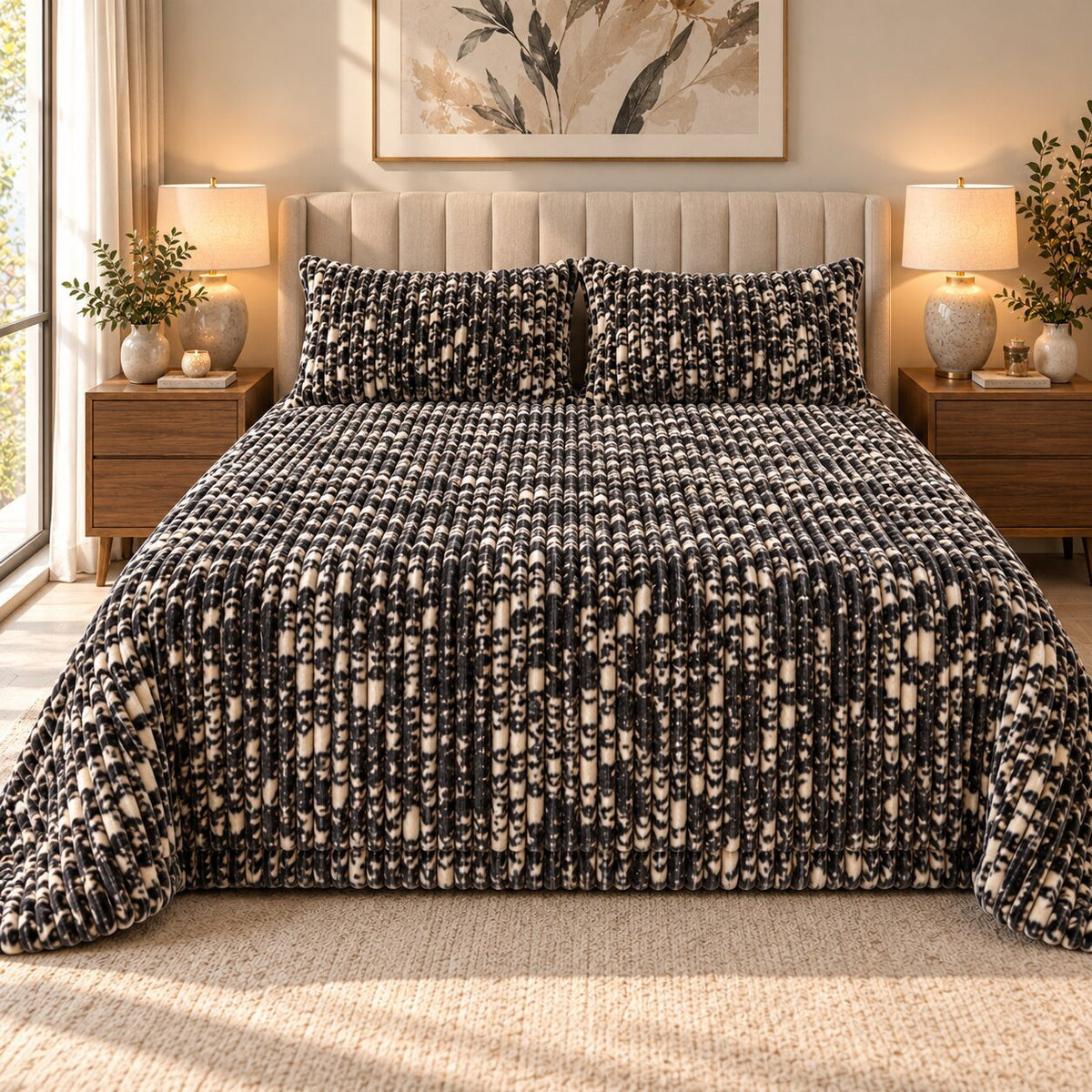 Olive Meadow Stripe Fleece Double Bed Sheet with 2 Pillow Cases - 90 x 95 Inches - The Idea