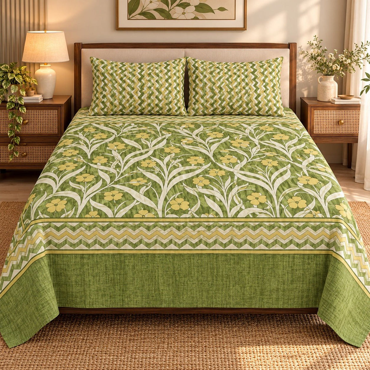 Olive Mughal Border Printed Cotton Double Bed Sheet with 2 Pillow Cases - The Idea