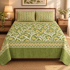 Olive Mughal Border Printed Cotton Double Bed Sheet with 2 Pillow Cases - The Idea