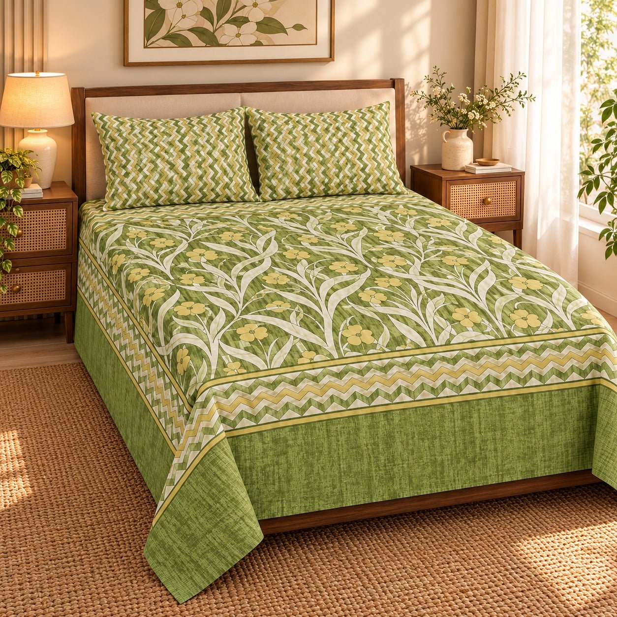 Olive Mughal Border Printed Cotton Double Bed Sheet with 2 Pillow Cases - The Idea