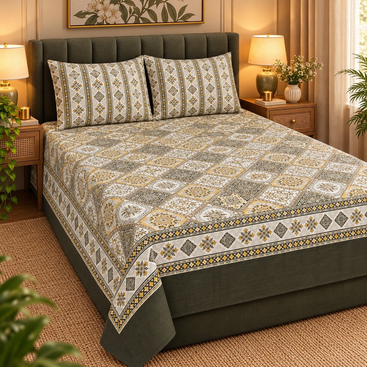 Olive Patchwork Tile Printed Cotton Double Bed Sheet with 2 Pillow Cases - The Idea