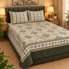 Olive Patchwork Tile Printed Cotton Double Bed Sheet with 2 Pillow Cases - The Idea