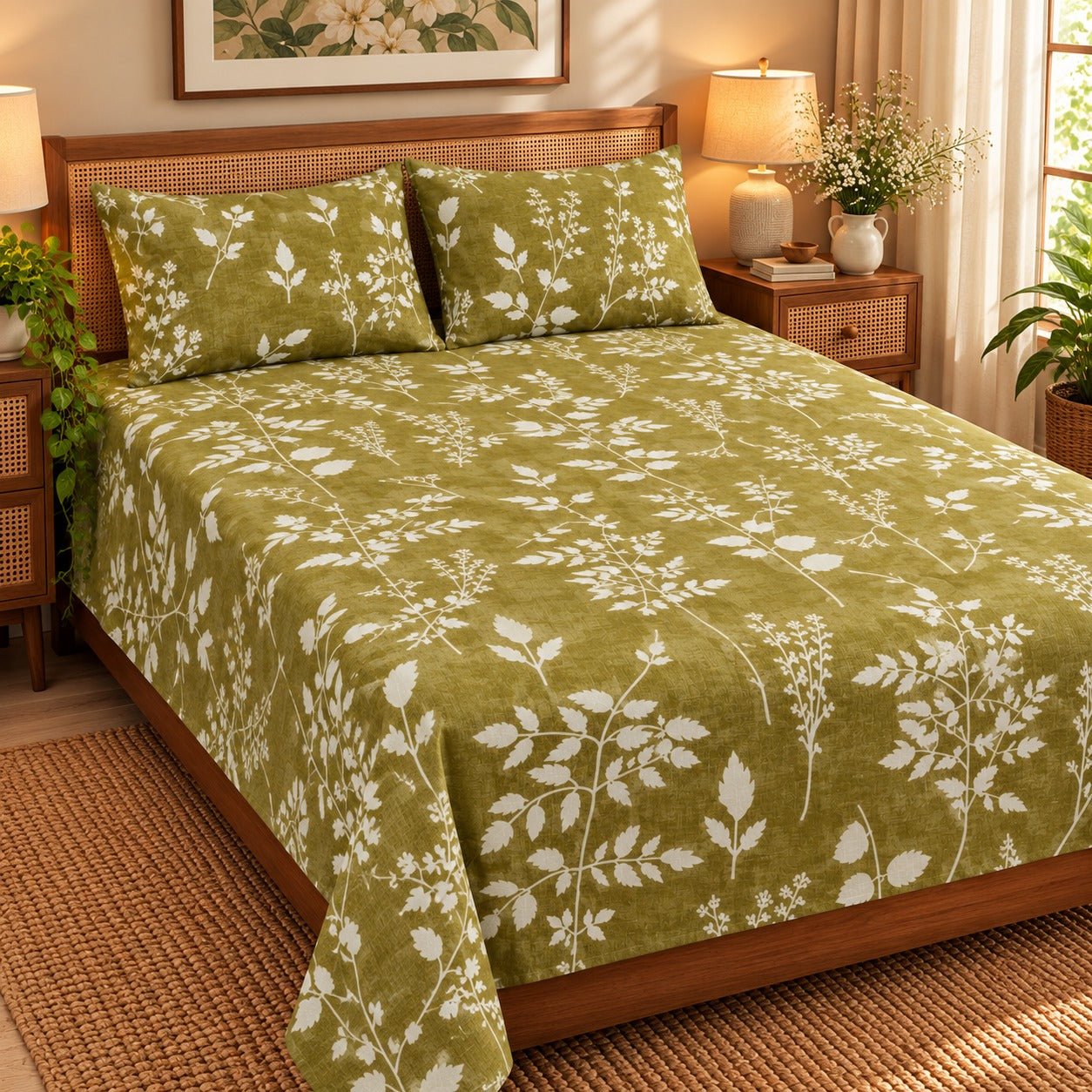 Olive Vine Printed Cotton Double Bed Sheet with 2 Pillow Cases - The Idea
