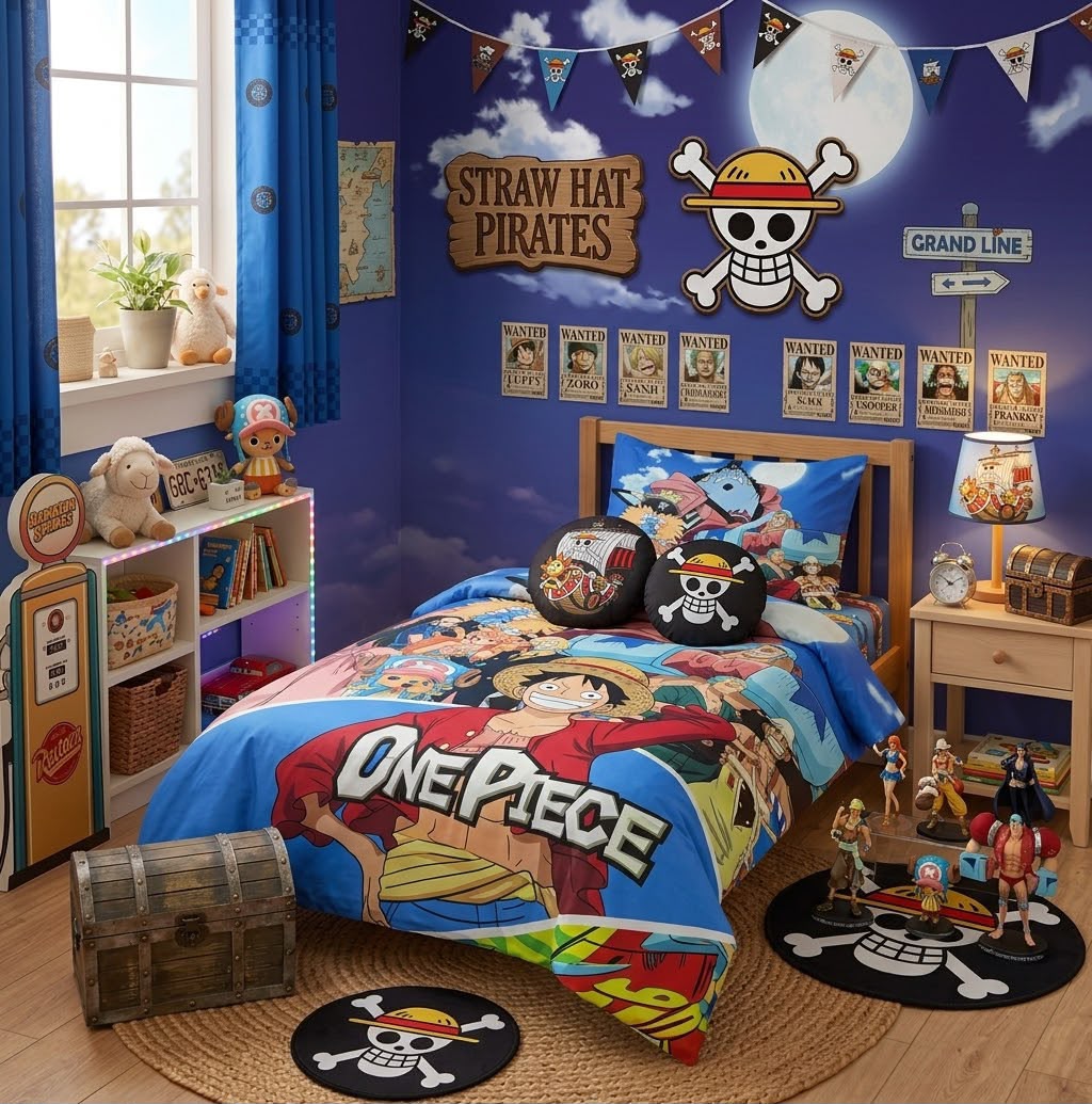 One Piece Straw Hat Pirates Kids Single Bed Sheet with Pillow Case