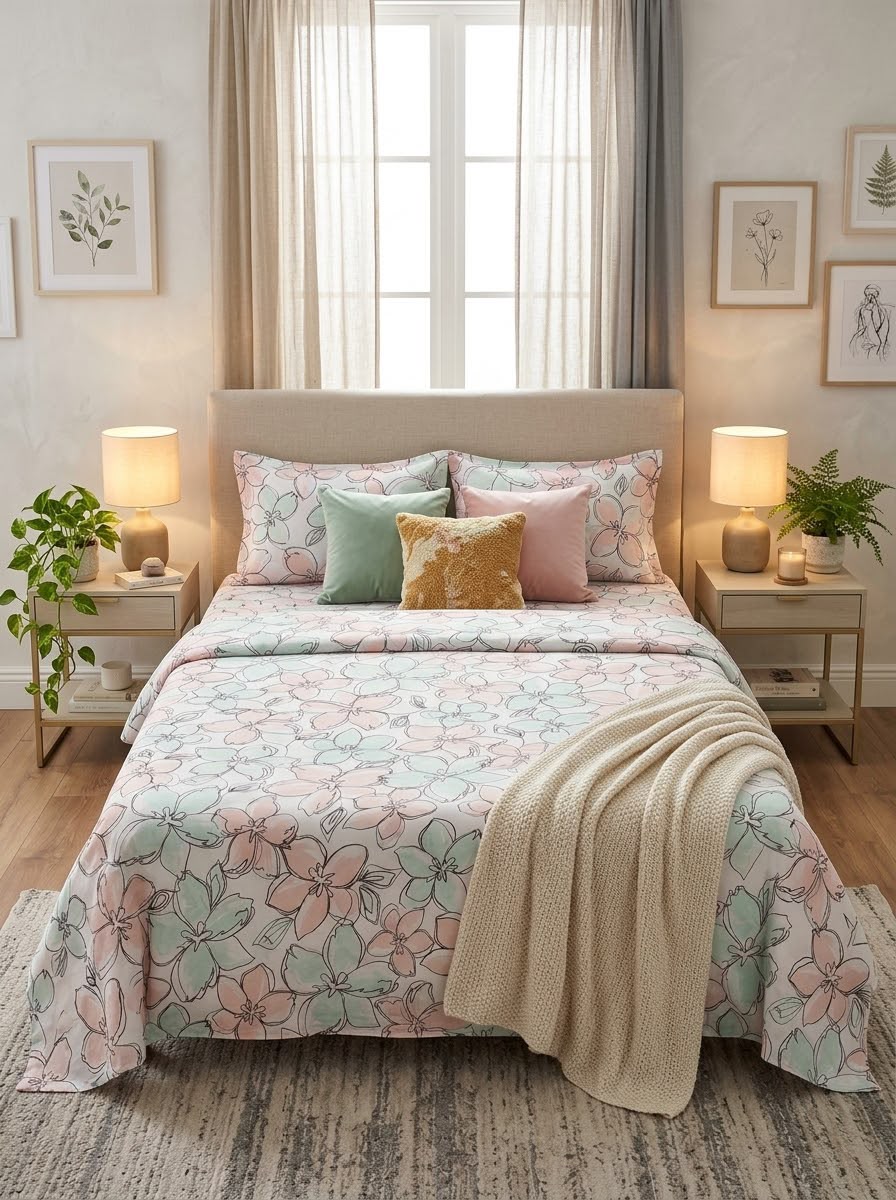 Pastel Floral Line Art Kids Double Bed Sheet with 2 Pillow Cases - The Idea