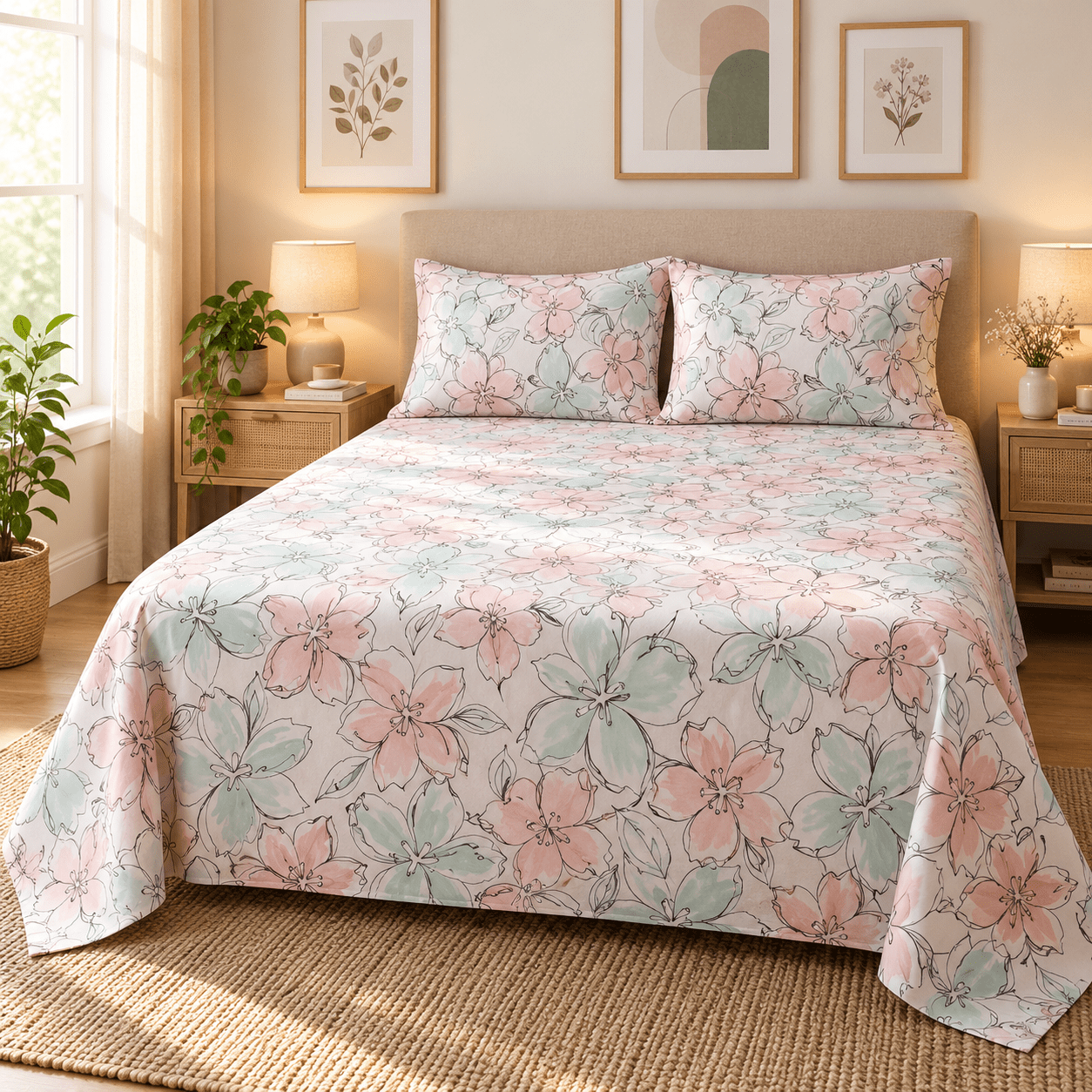 Pastel Floral Line Art Kids Double Bed Sheet with 2 Pillow Cases - The Idea