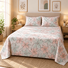 Pastel Floral Line Art Kids Double Bed Sheet with 2 Pillow Cases - The Idea