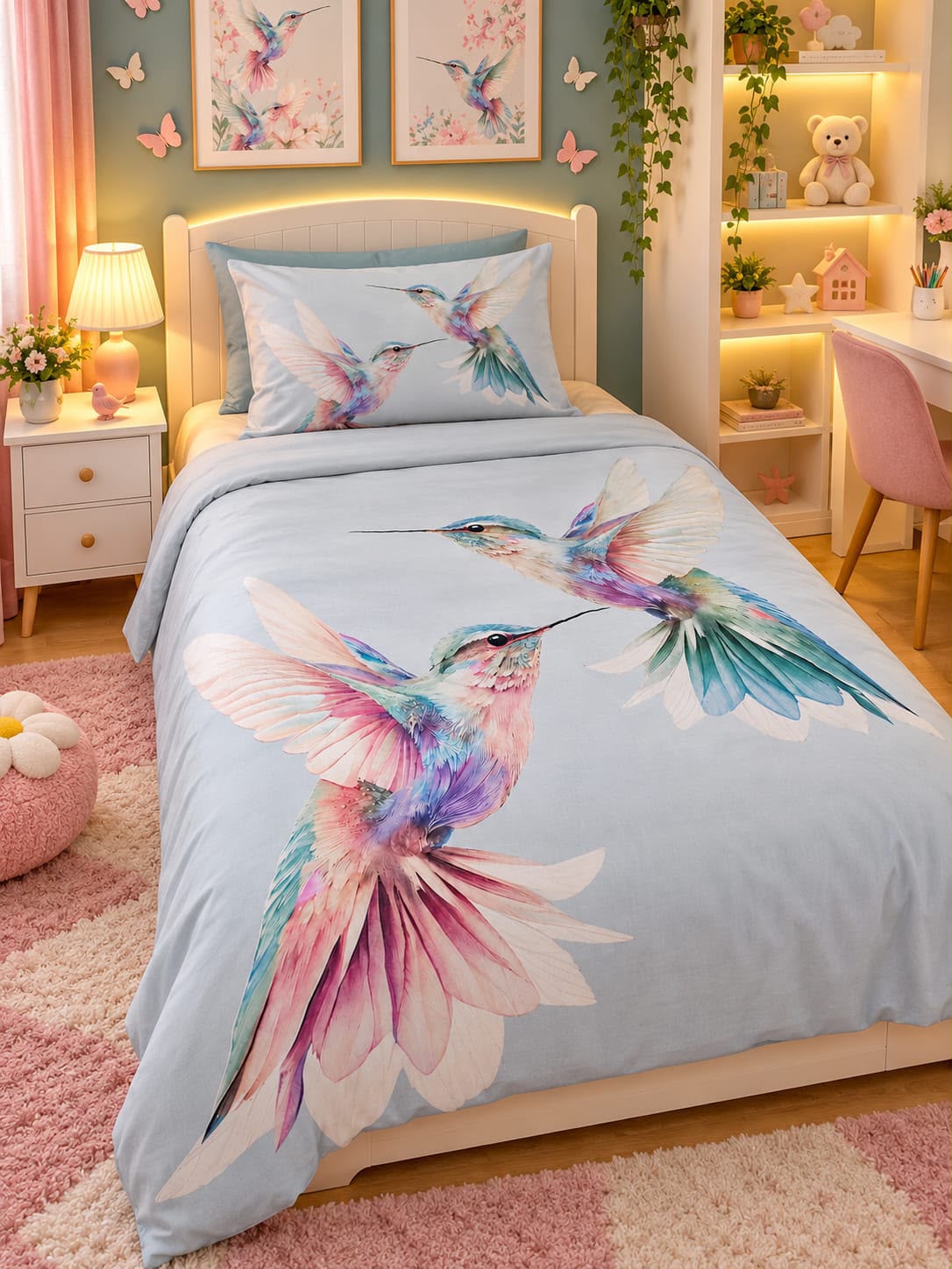 Pastel Hummingbirds Kids Single Bed Sheet with Pillow Case - The Idea