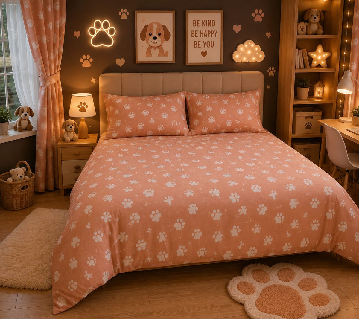 Peach Paw Prints Kids Double Bed Sheet with 2 Pillow Cases