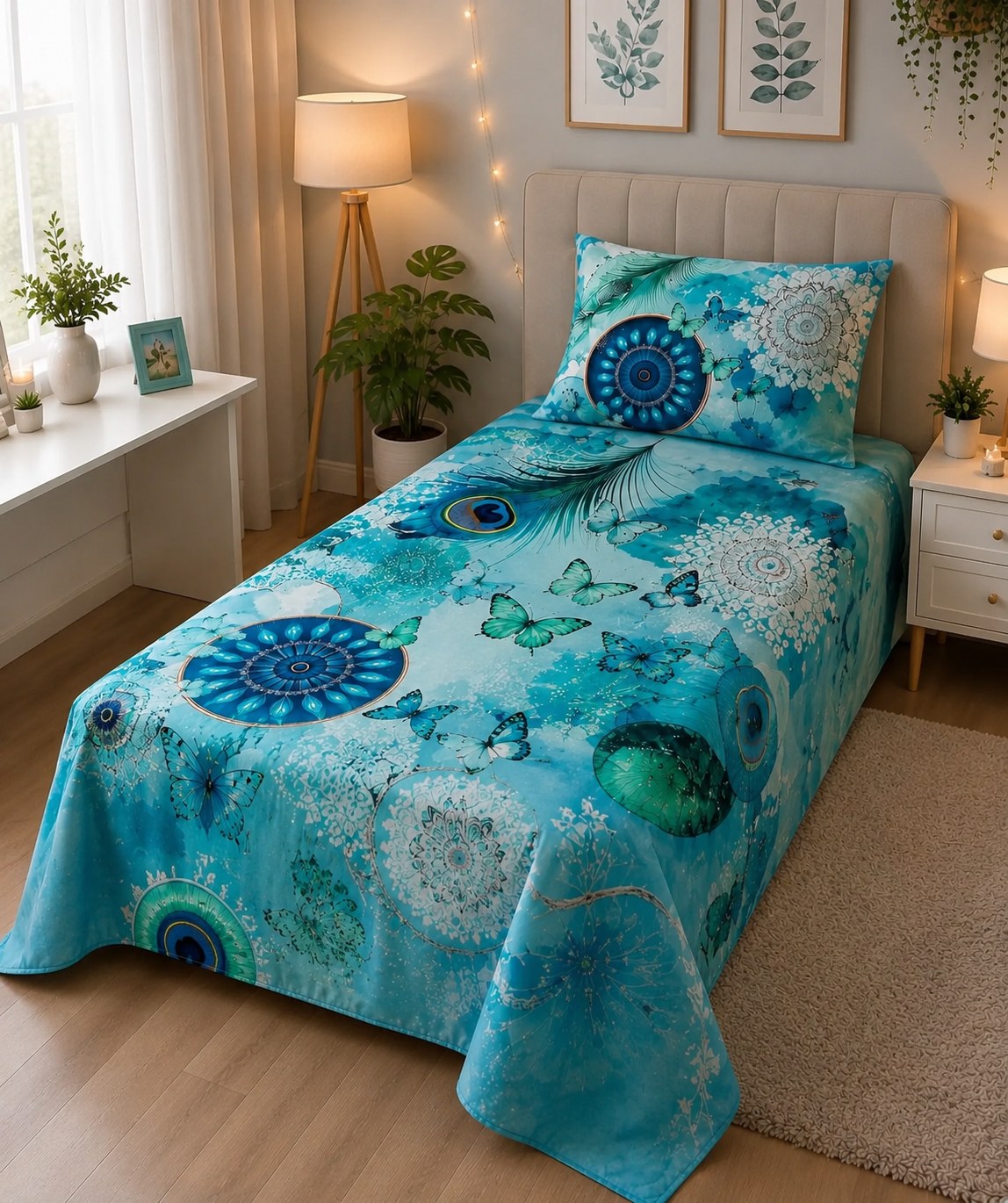 Peacock butterfly printed kids single bedsheet 60x90 inches