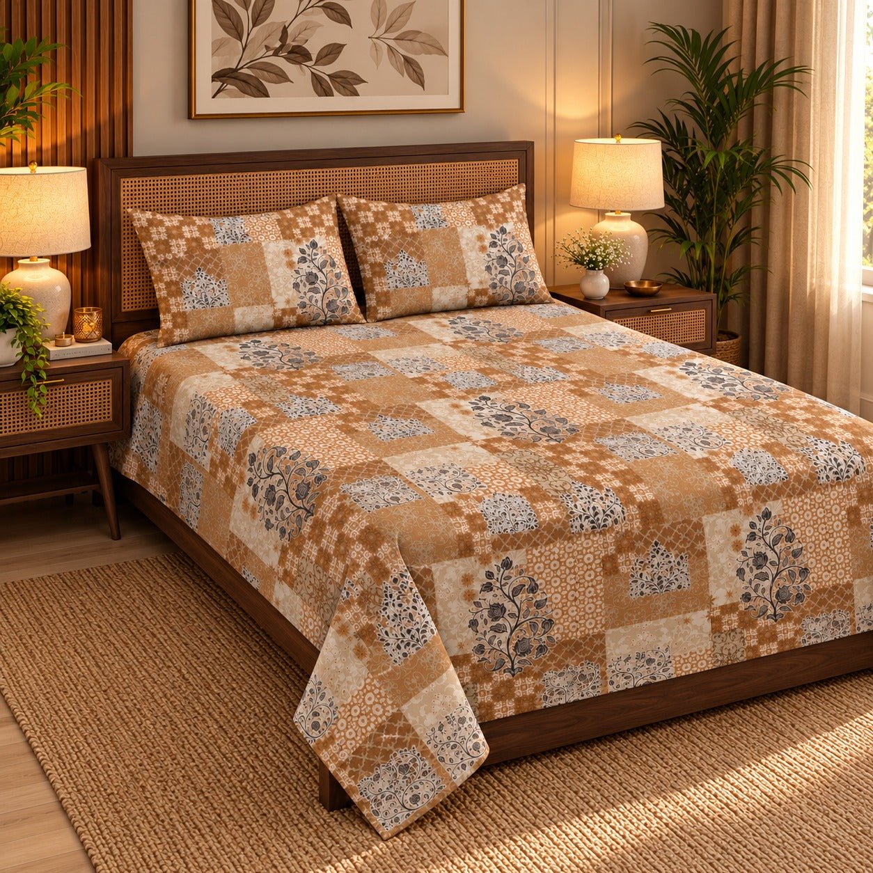 Periwinkle Chevron Bloom Printed Cotton Double Bed Sheet with 2 Pillow Cases - The Idea