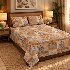 Periwinkle Chevron Bloom Printed Cotton Double Bed Sheet with 2 Pillow Cases - The Idea