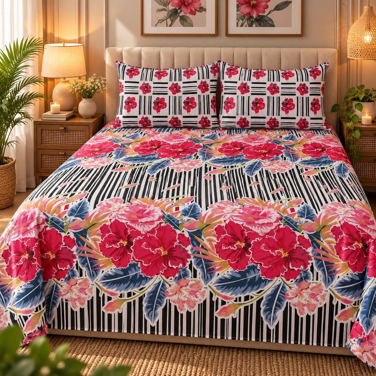 Periwinkle Garden Printed Cotton Double Bed Sheet with 2 Pillow Cases - The Idea
