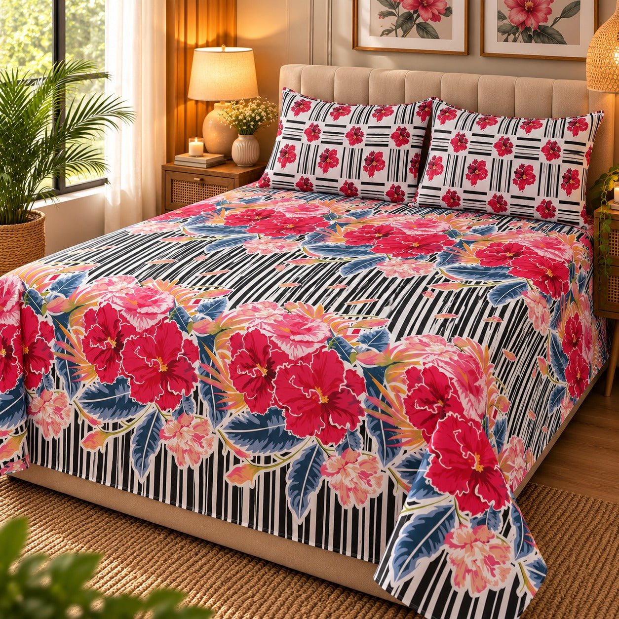 Periwinkle Garden Printed Cotton Double Bed Sheet with 2 Pillow Cases - The Idea