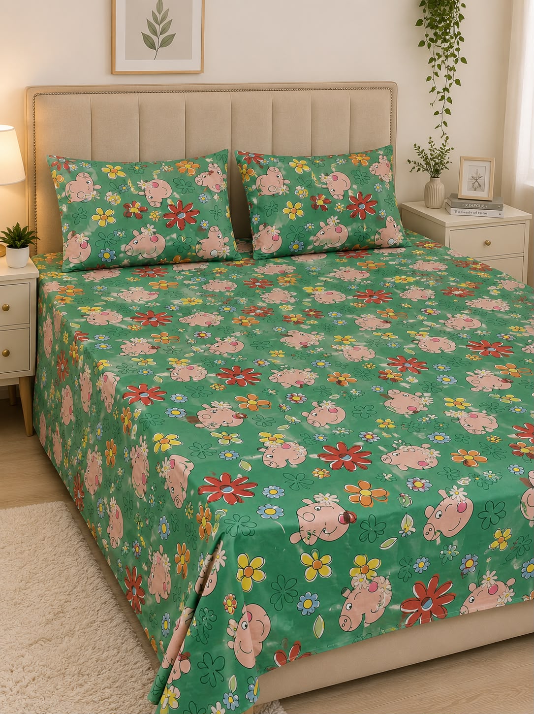 Piggy Floral Kids Double Bed Sheet with 2 Pillow Cases