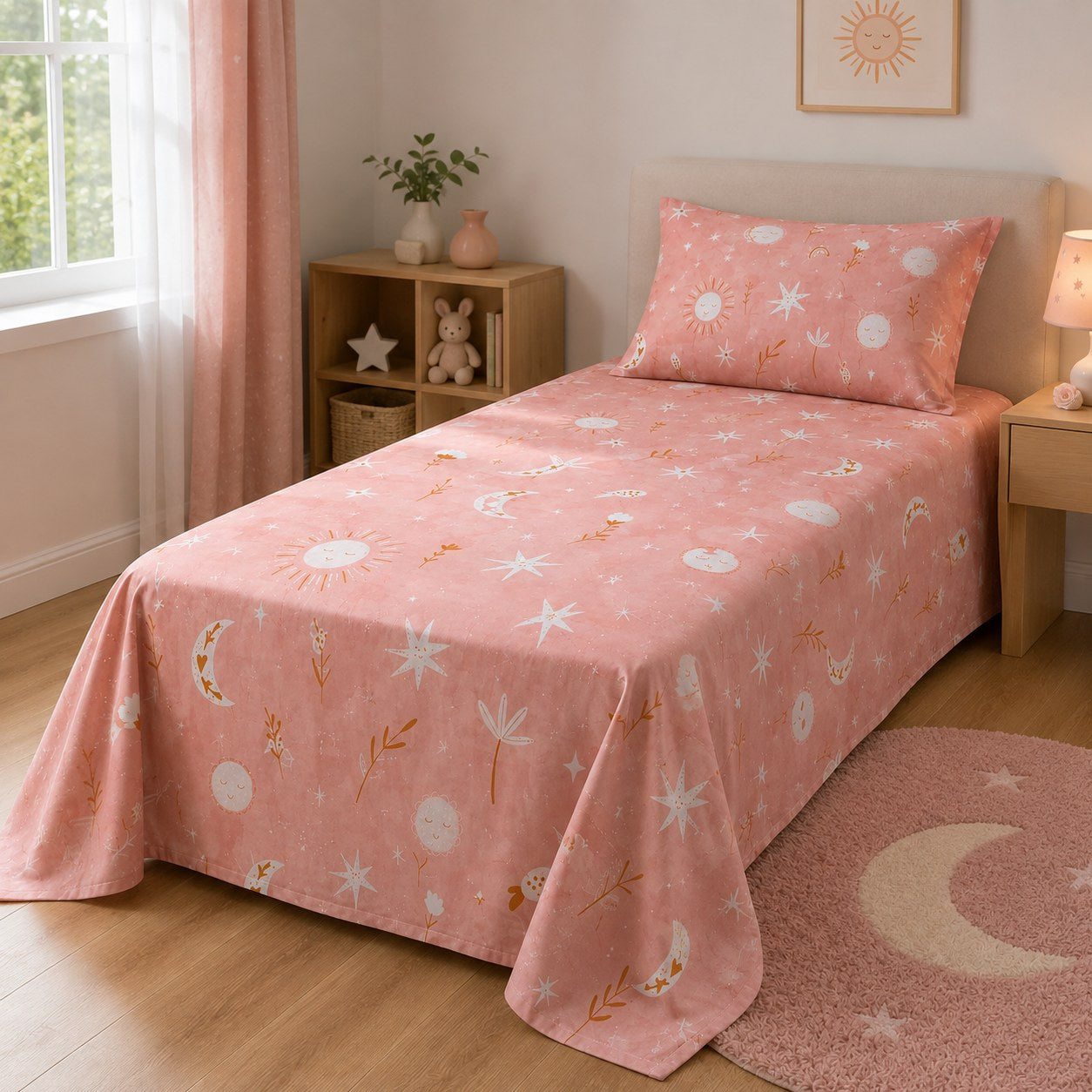 Pink sun moon stars kids single bedsheet 60x90 inches