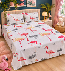 Pink Flamingo Kids Double Bed Sheet with 2 Pillow Cases