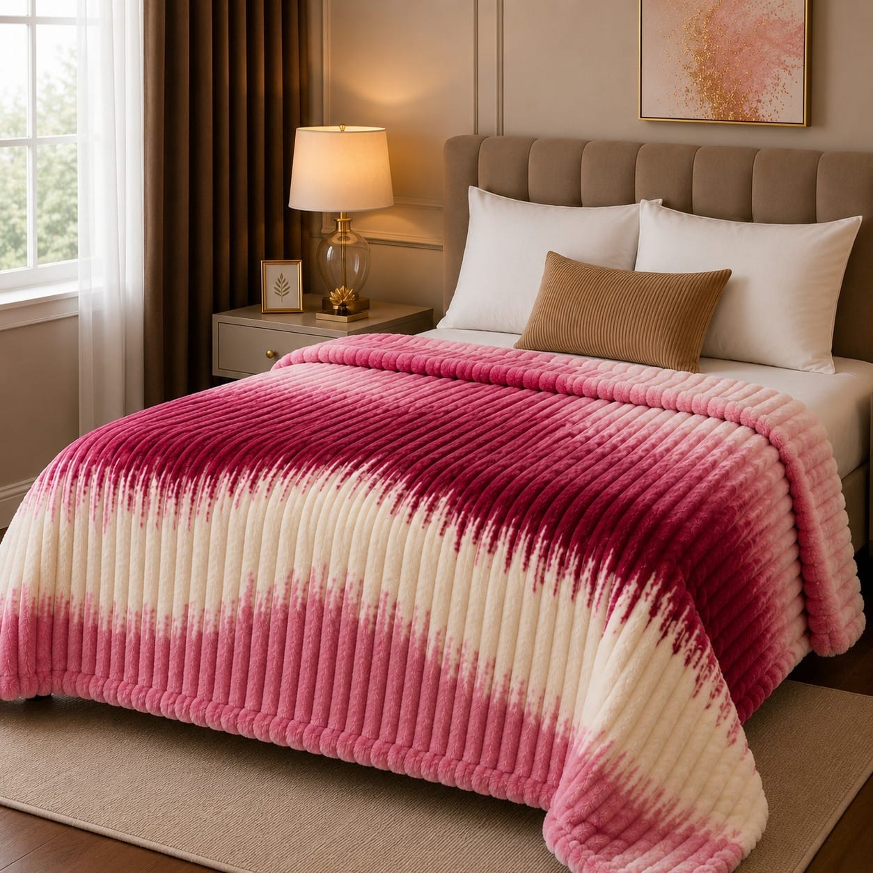 Luxury Pink Maroon Ombre Fleece Blanket Double Bed