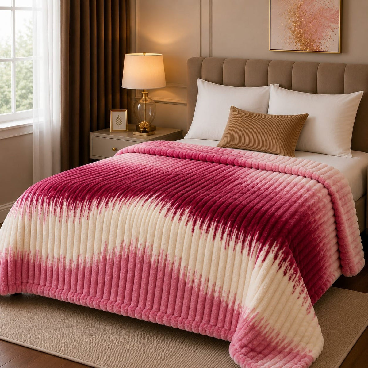 Luxury Pink Maroon Ombre Fleece Blanket Double Bed