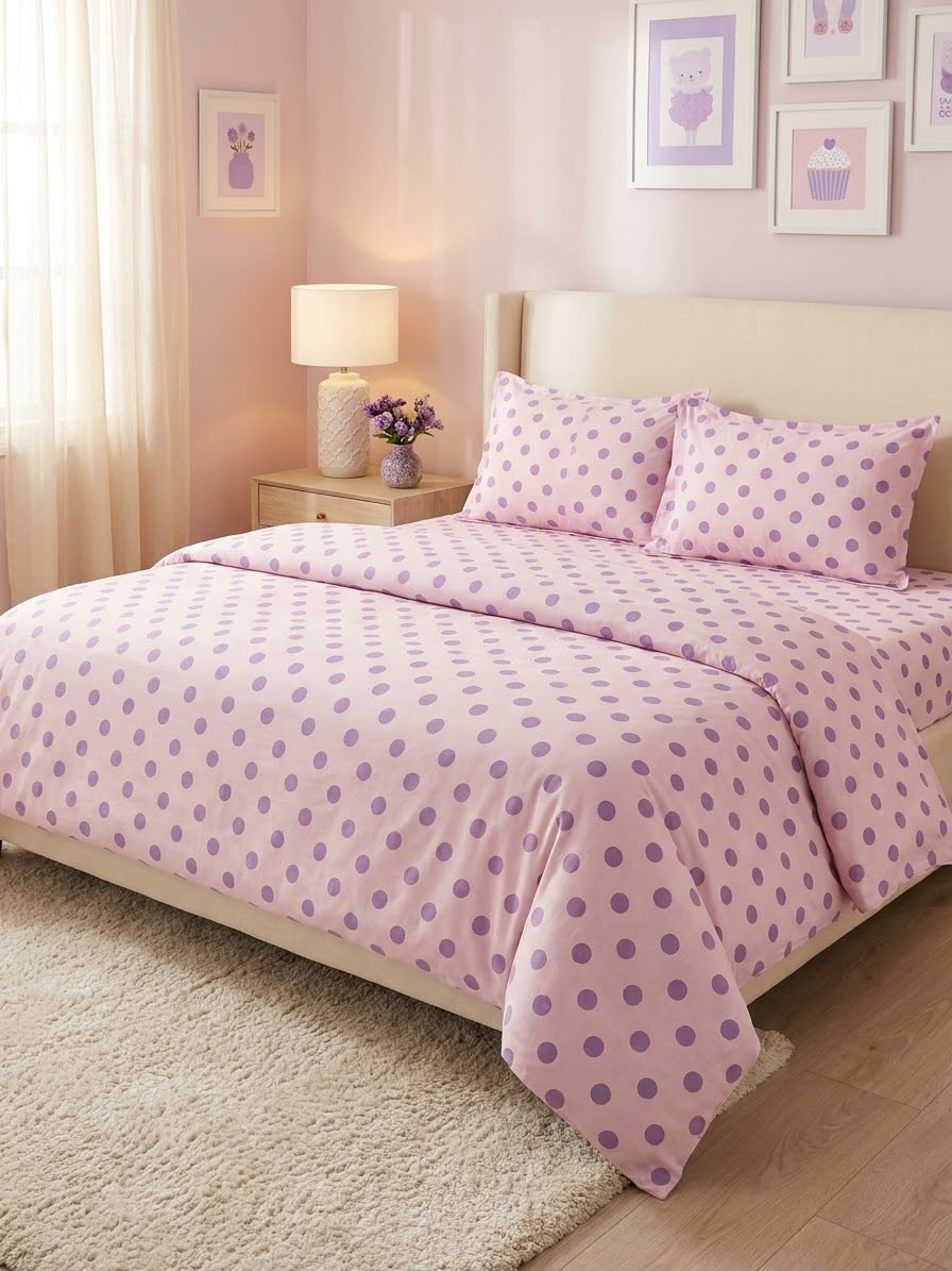 Pink Polka Dot Kids Double Bed Sheet with 2 Pillow Cases - The Idea