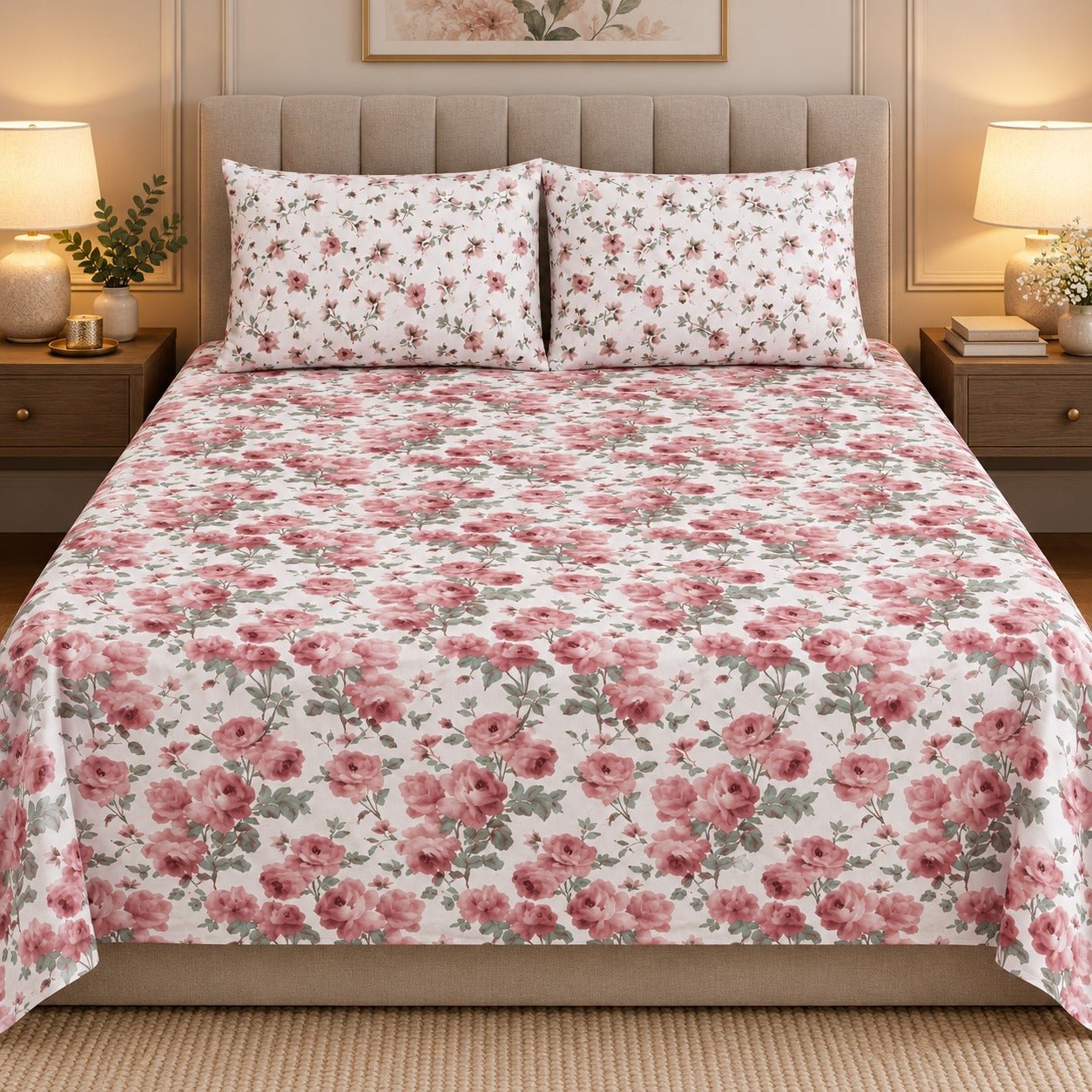 Pink Rose Bouquet Printed Cotton Double Bed Sheet with 2 Pillow Cases - The Idea