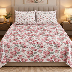 Pink Rose Bouquet Printed Cotton Double Bed Sheet with 2 Pillow Cases - The Idea