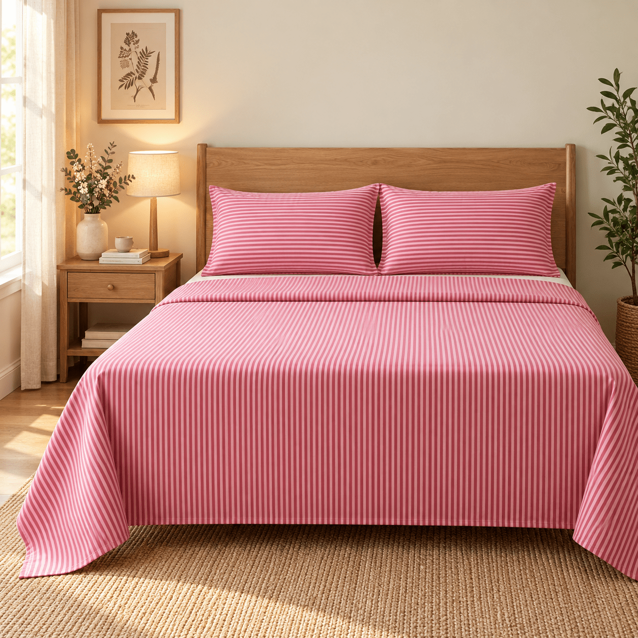 Pink Stripe Kids Double Bed Sheet with 2 Pillow Cases - The Idea