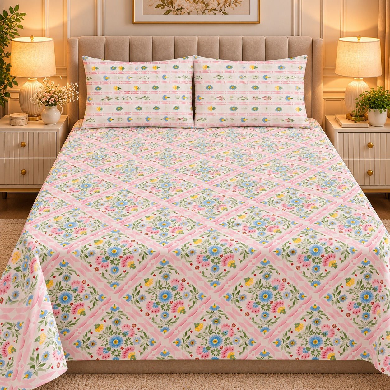 Pink Trellis Garden Printed Cotton Double Bed Sheet with 2 Pillow Cases - The Idea