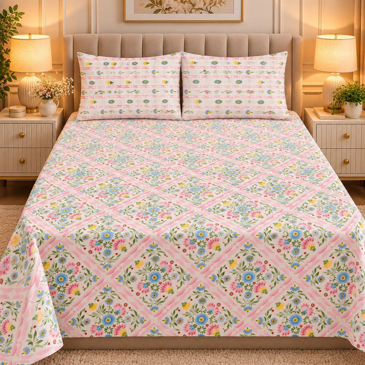 Pink Trellis Garden Printed Cotton Double Bed Sheet with 2 Pillow Cases - The Idea