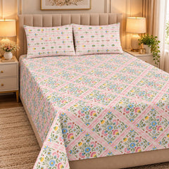 Pink Trellis Garden Printed Cotton Double Bed Sheet with 2 Pillow Cases - The Idea