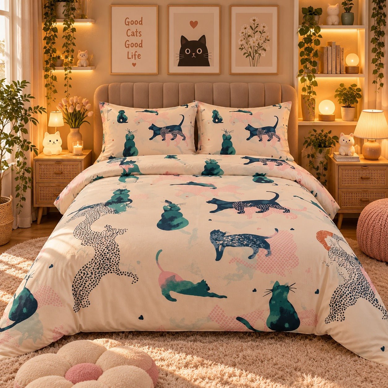 Playful Cats Kids Double Bed Sheet with 2 Pillow Cases - The Idea