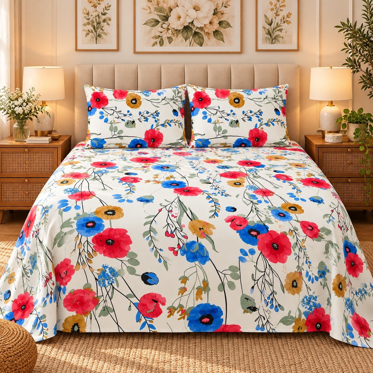 Poppy Fiesta Printed Cotton Double Bed Sheet with 2 Pillow Cases - The Idea