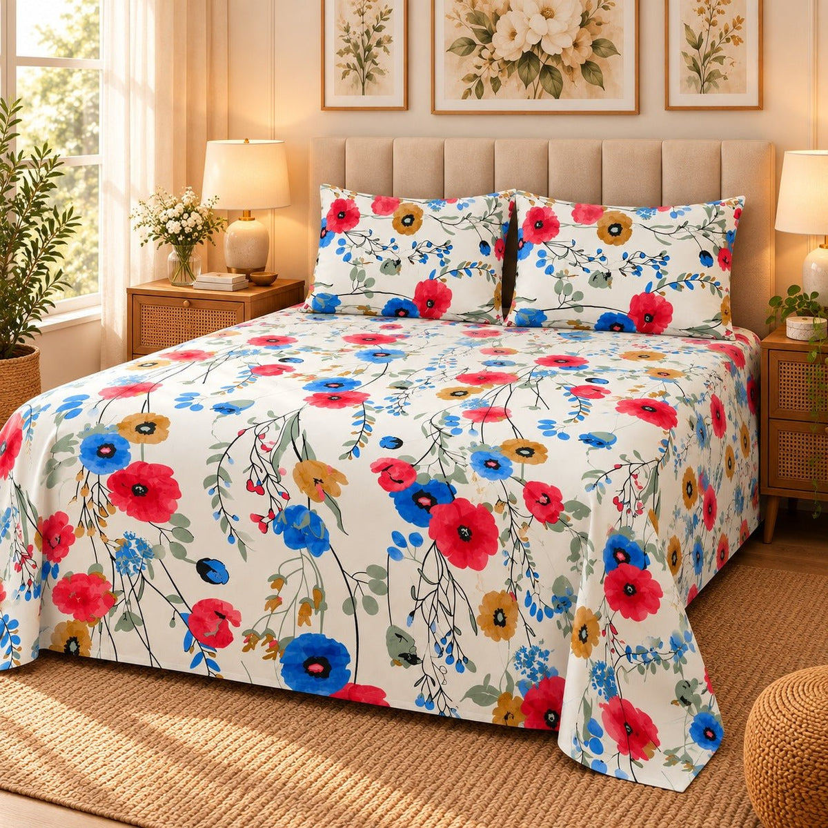 Poppy Fiesta Printed Cotton Double Bed Sheet with 2 Pillow Cases - The Idea