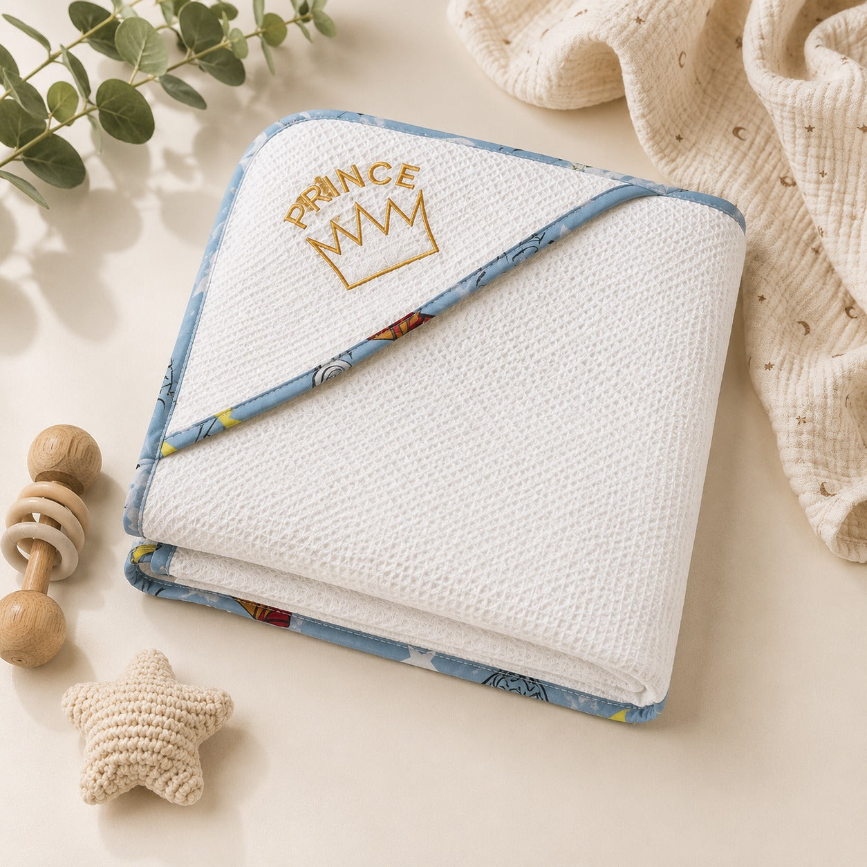 Prince crown embroidered hooded baby towel folded, blue printed trim